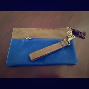 Brown and blue clutch, like new.